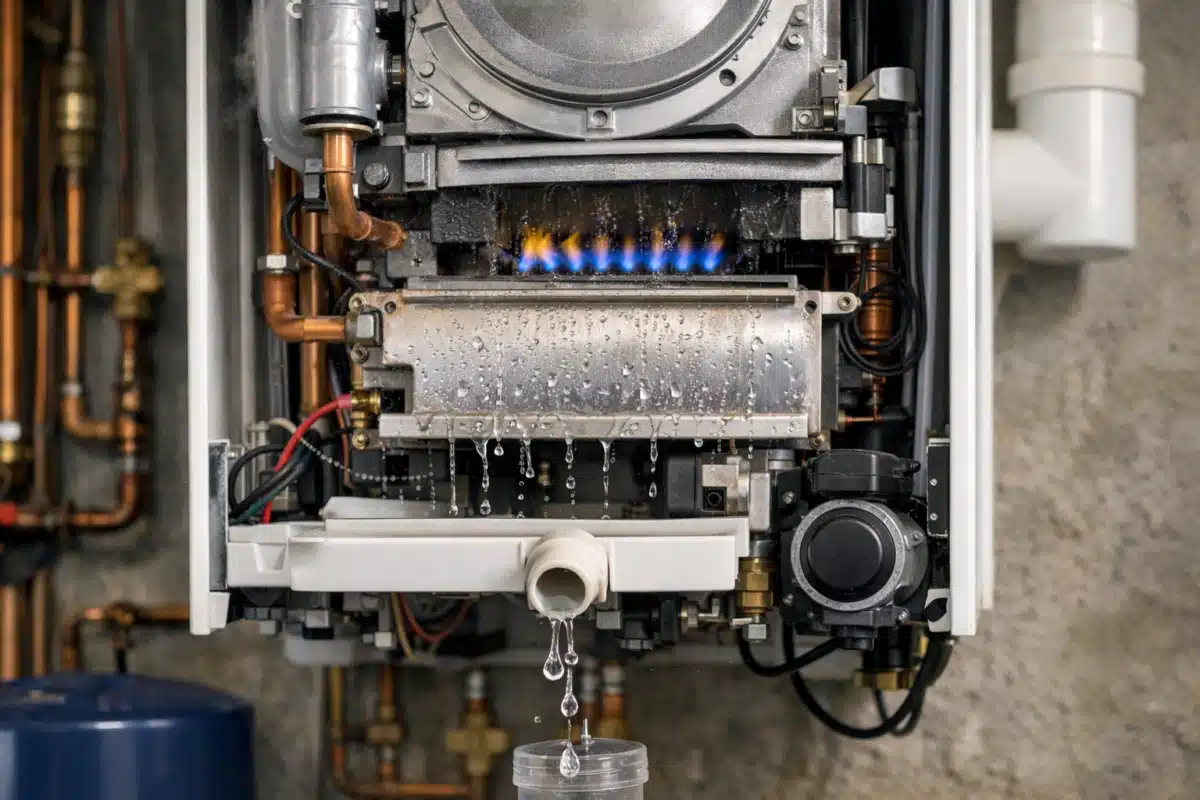 Schéma explicatif du fonctionnement d'une chaudière à condensation produisant de l'eau par condensation