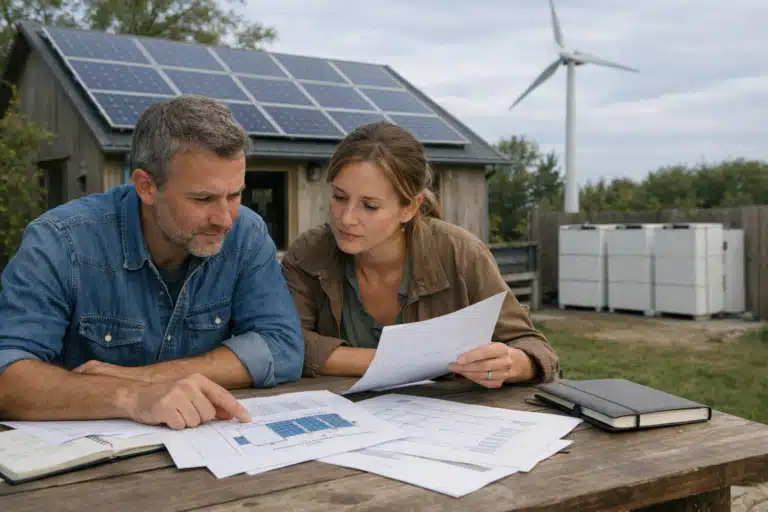 Couple examinant des documents devant panneaux solaires