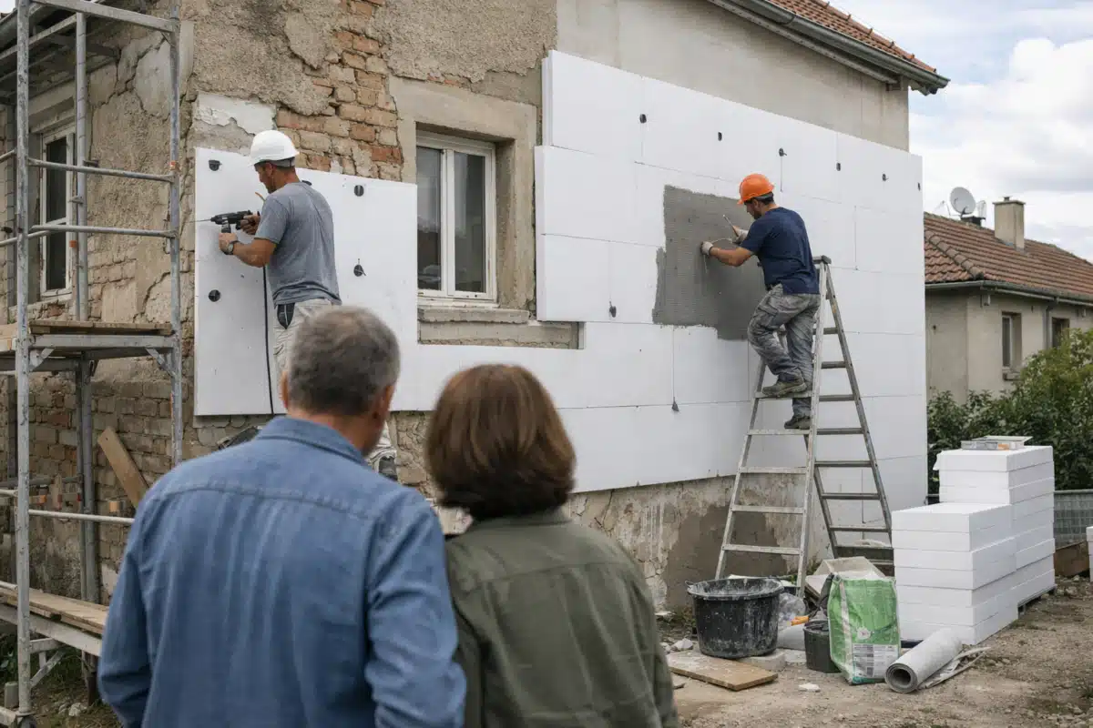 Couple regarde des ouvriers posant des panneaux d'isolation