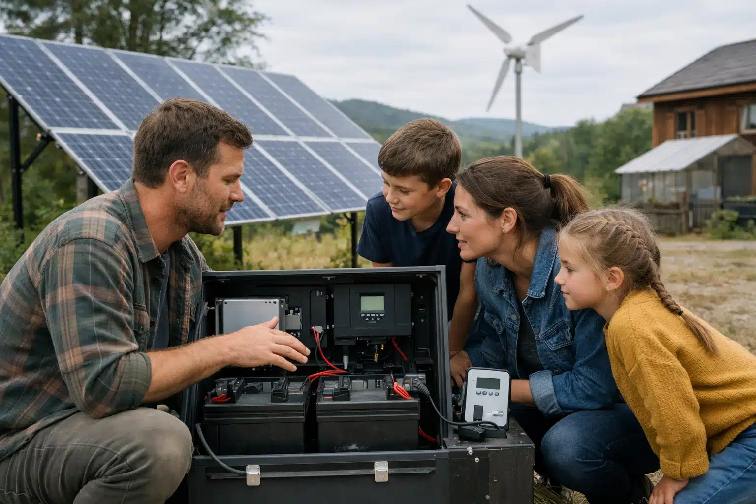 Technicien montrant équipement électrique à famille près panneaux solaires