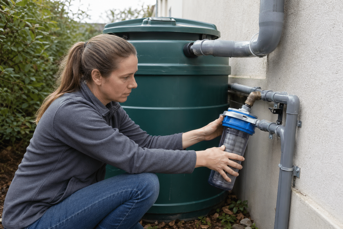 Femme installant un filtre sur récupérateur d'eau de pluie