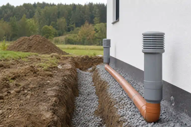 Tuyau de drainage orange posé dans une tranchée
