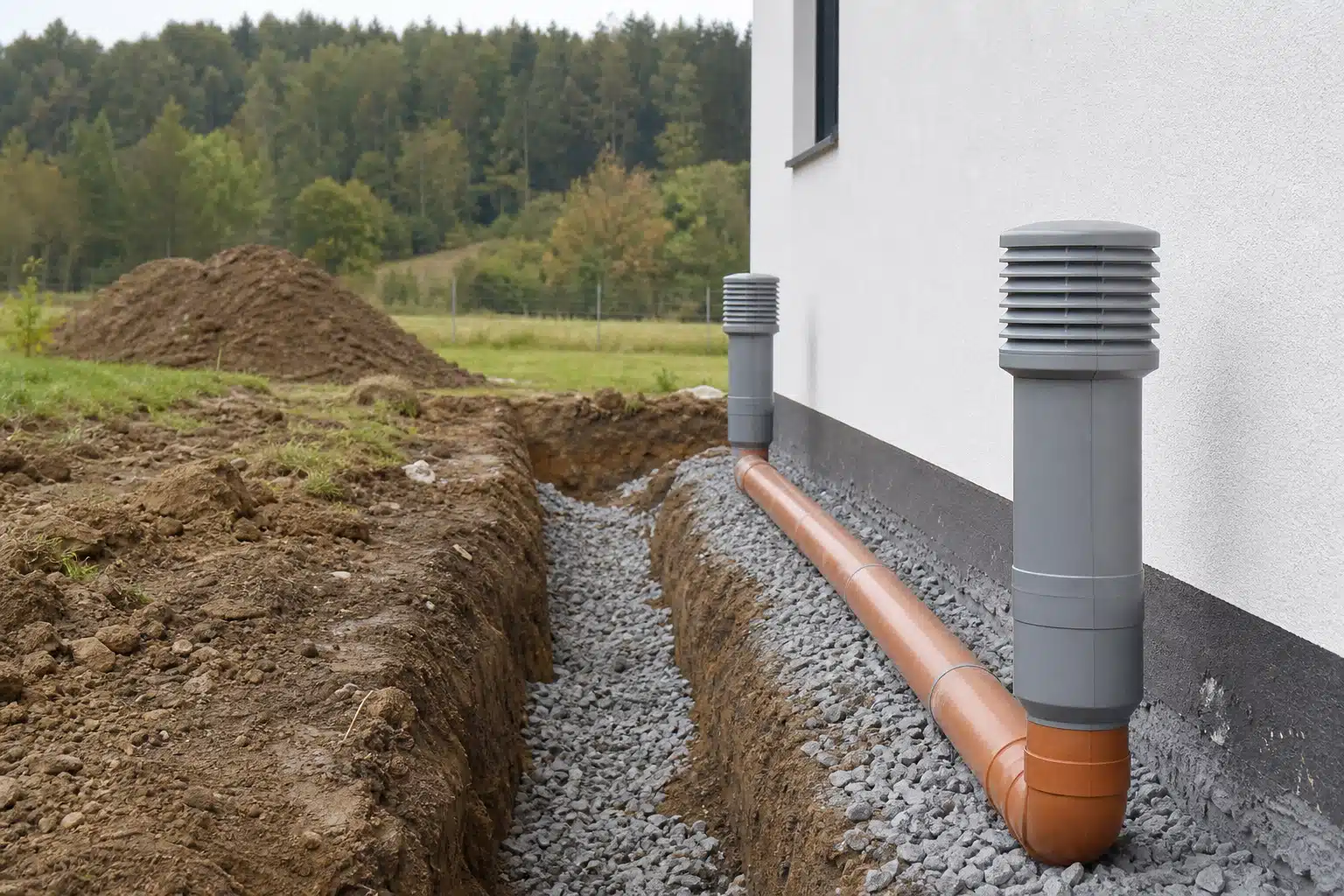 Tuyau de drainage orange posé dans une tranchée