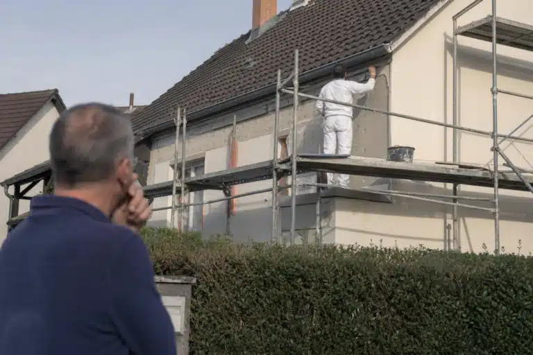 Ouvrier en combinaison peignant la façade depuis un échafaudage