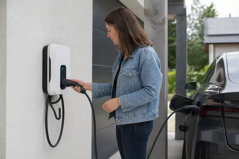 Femme branchant une voiture électrique à une borne