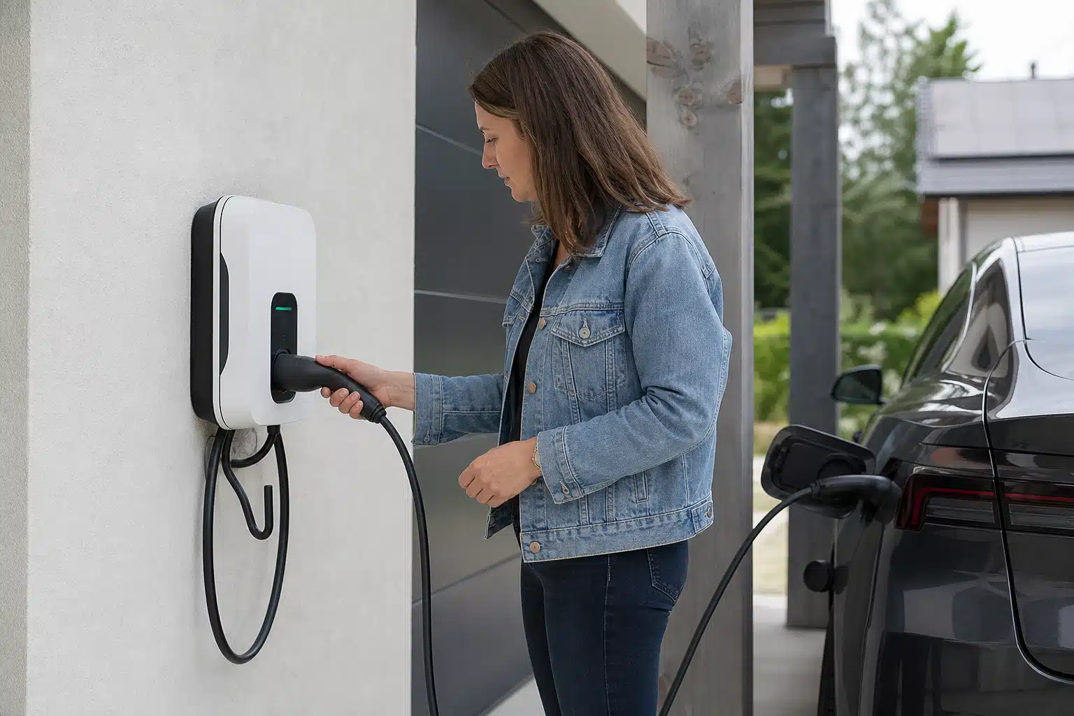 Femme branchant une voiture électrique à une borne