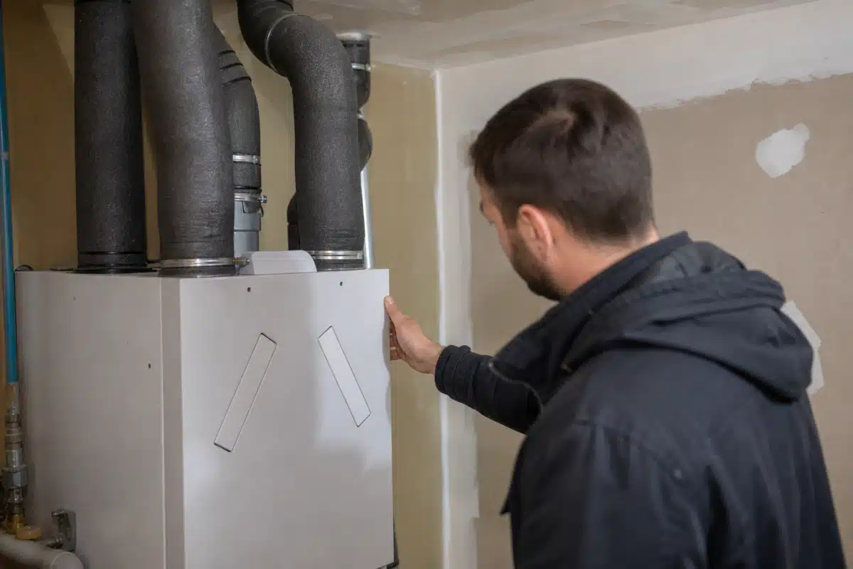 Homme inspectant chaudière murale et conduits
